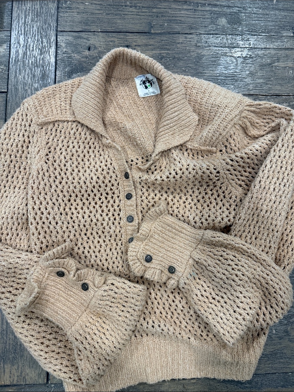 We the Free Cozy Open-Knit Shawl Collar Sweater in Beige